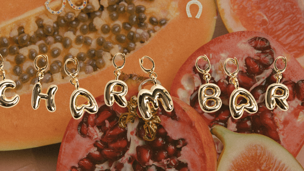 fruit backdrop bubble letter gold charms jewellery c letter h letter a letter r letter m letter b letter a letter r letter