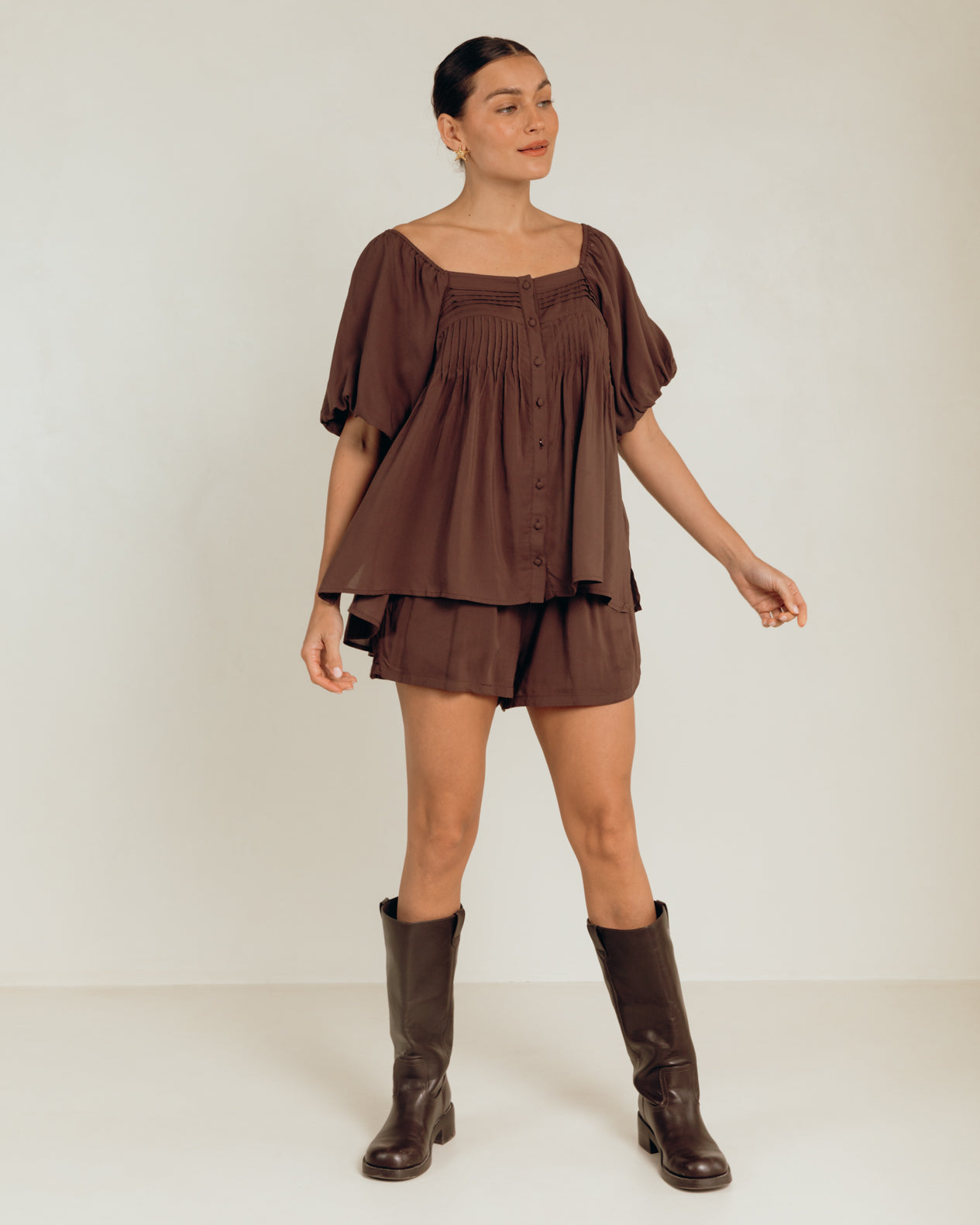 Harper Top in Chocolate - Button Front Blouse - The Lullaby Club