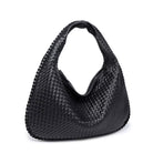 Black woven handbag on a white background