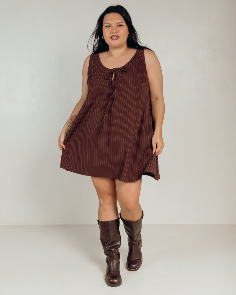 Evie Mini Dress in Chocolate Pinstripe - Breastfeeding Accessible Mini Dress - The Lullaby 
