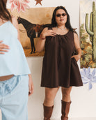 Evie Mini Dress in Chocolate Pinstripe - Functional Pockets - The Lullaby Club