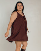 Evie Mini Dress in Chocolate Pinstripe - Maternity and Postpartum Friendly Mini Dress - The Lullaby Club