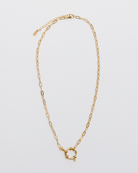 A gold link charm necklace with an adjustable clasp, displayed against a white background.