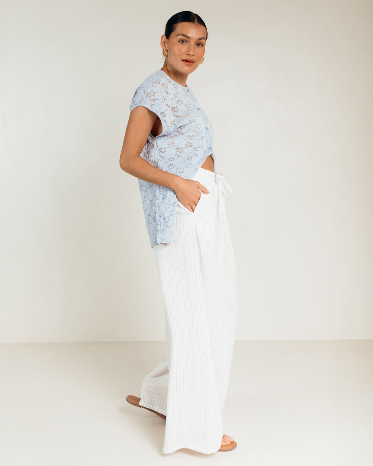 Lola Pants in White Pinstripe - Functional Side Pockets in Pinstripe Business Pants - The Lullaby Club
