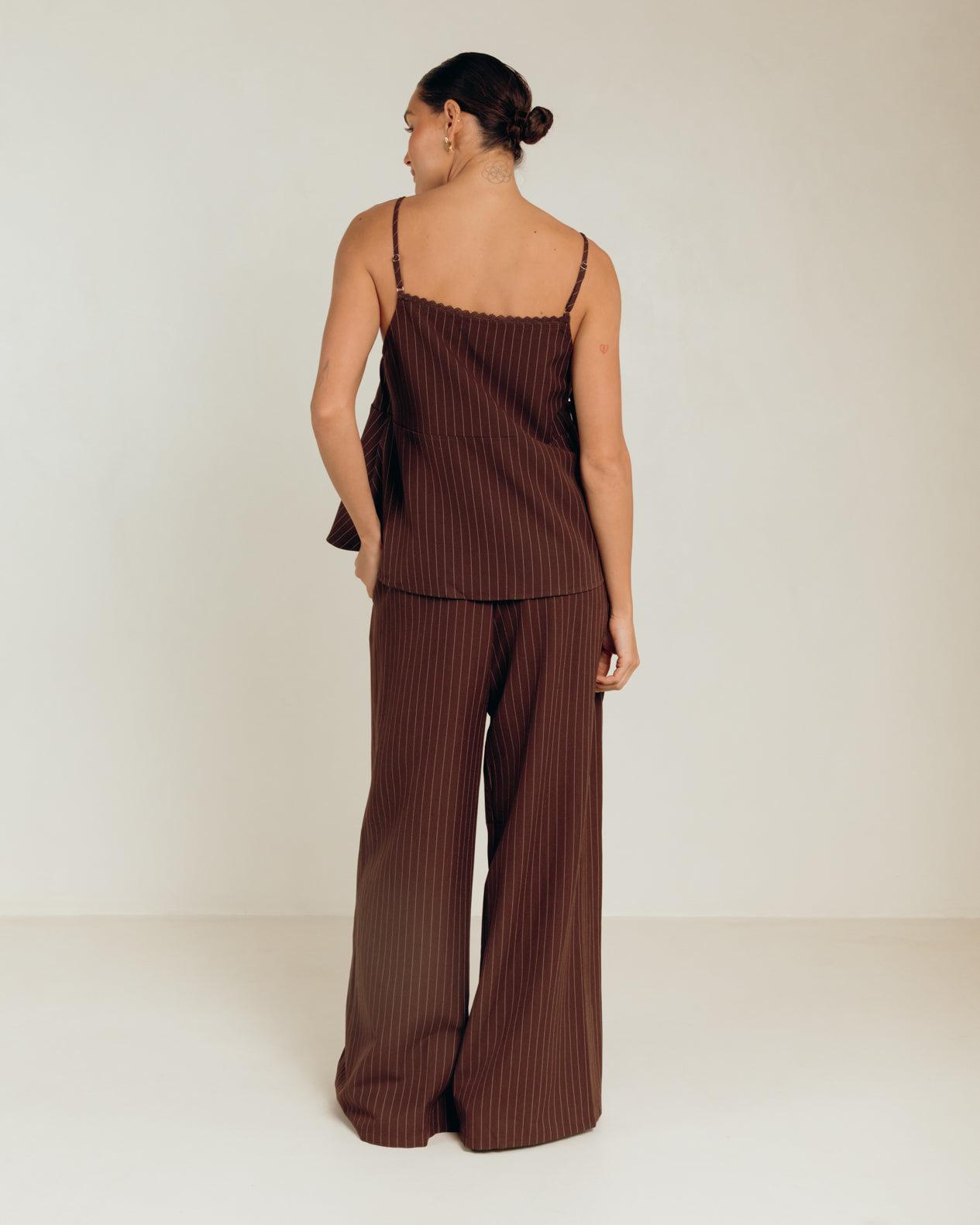 Lola Pants in Chocolate Pinstripe - Maternity & Postpartum Friendly Trousers - The Lullaby Club