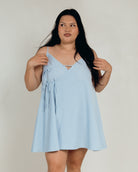 Lulu Wrap Mini Dress in Blue Pinstripe - Breastfeeding Friendly Mini Dress - The Lullaby Club