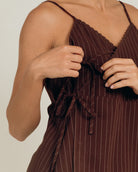 Lulu Wrap Top in Chocolate Pinstripe - Lace Trimmed Top - The Lullaby Club