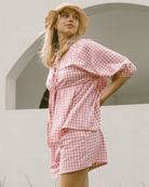 Pink Gingham Maternity Shorts for Pregnancy & Postpartum - Plus-Size Friendly