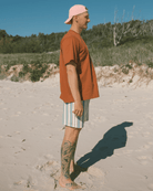 Man standing on a sandy beach wearing a rust-colored shirt and striped shorts.