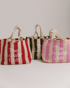 3 striped Raffia tote bags in red, black & pink colourways.