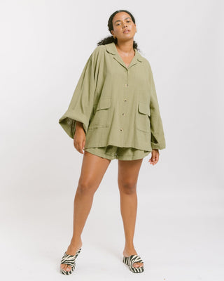 The Lullaby Club_Womens Lounge Set_Cotton/linen button up shirt and shorts