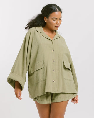 The Lullaby Club_Womens Lounge Set_Cotton/linen button up shirt and shorts